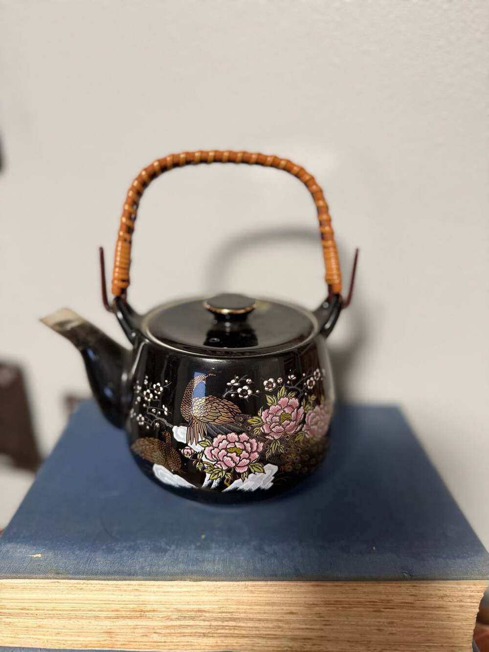 Vintage Black Glazed Ceramic Teapot with Peacock and Bamboo Handle